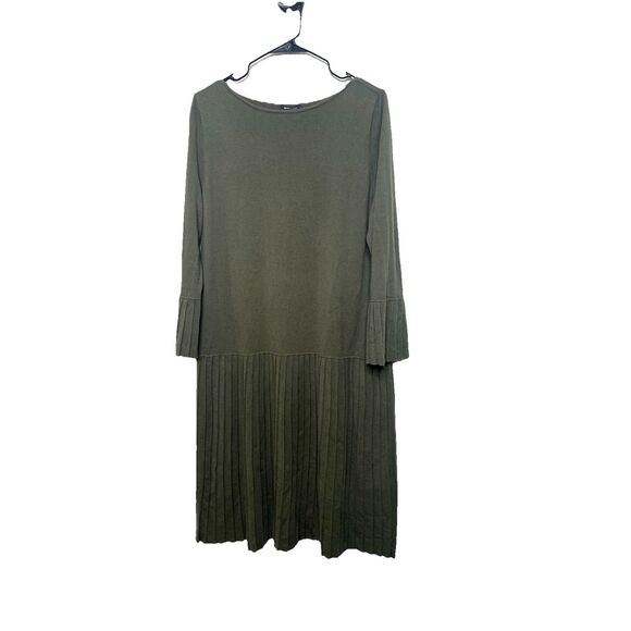 Worth New York Size L Wool Midi Dress Olive Green Knit Pleats Wool - Picture 1 of 7